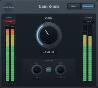 Gain Knob audio utility plugin by Parish Audio. The interface features a large central gain control, stereo input and output meters, linked or independent left and right channel trims, a mono control, and a phase invert control.