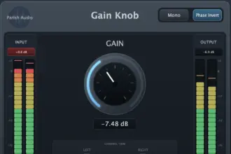 Gain Knob audio utility plugin by Parish Audio. The interface features a large central gain control, stereo input and output meters, linked or independent left and right channel trims, a mono control, and a phase invert control.