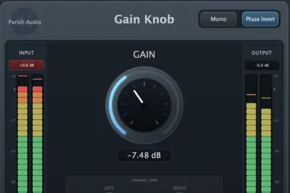 Gain Knob audio utility plugin by Parish Audio. The interface features a large central gain control, stereo input and output meters, linked or independent left and right channel trims, a mono control, and a phase invert control.