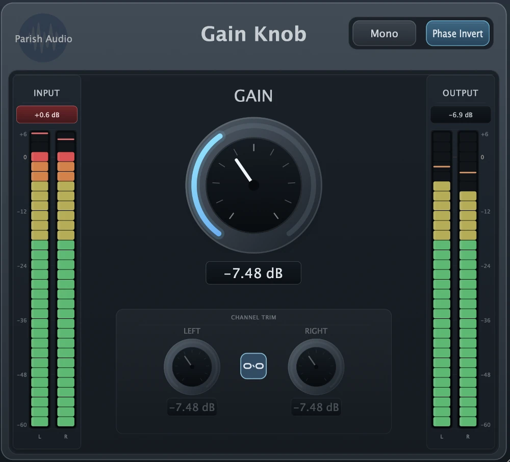 Gain Knob audio utility plugin by Parish Audio. The interface features a large central gain control, stereo input and output meters, linked or independent left and right channel trims, a mono control, and a phase invert control.