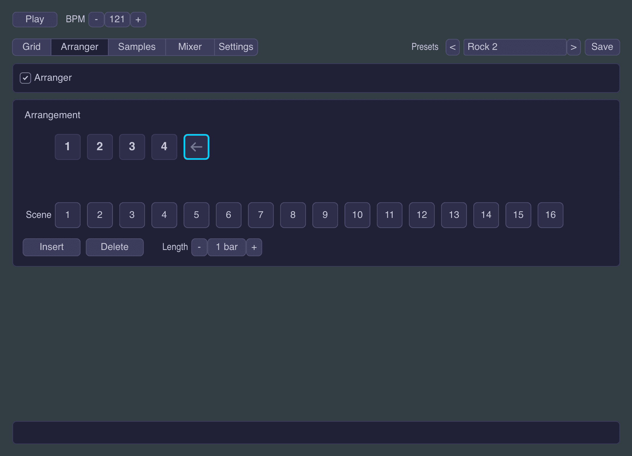 Little Drum Machine scene arranger interface