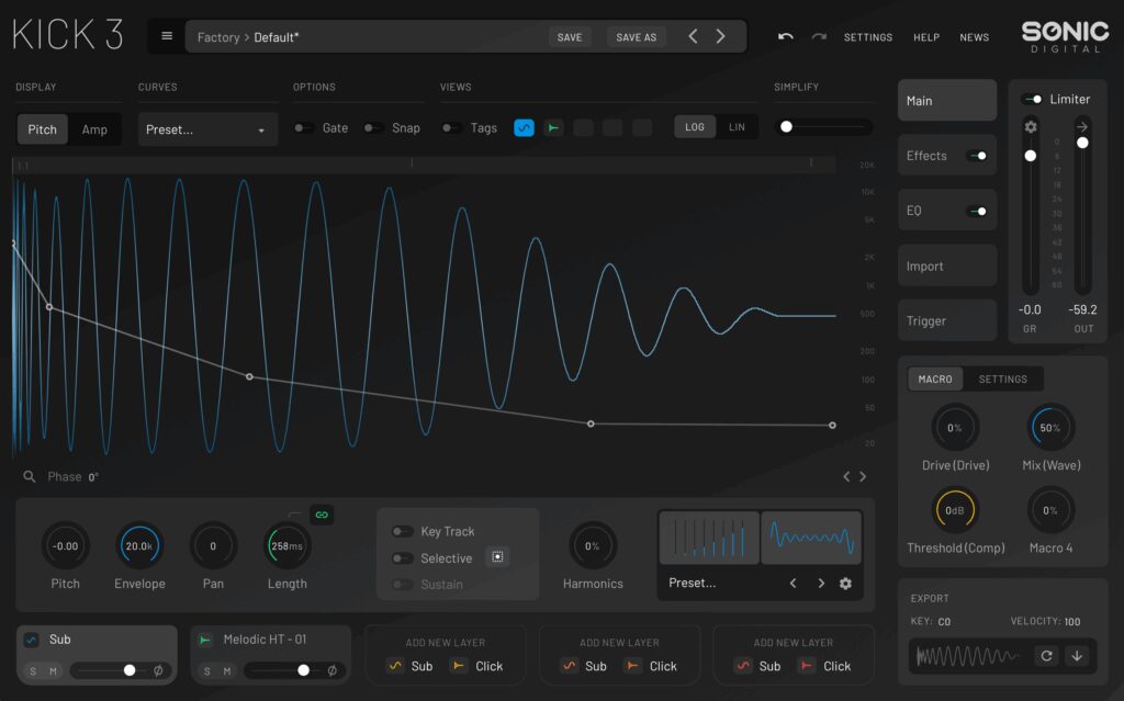 Kick drum synthesizer plugin interface for electronic music production