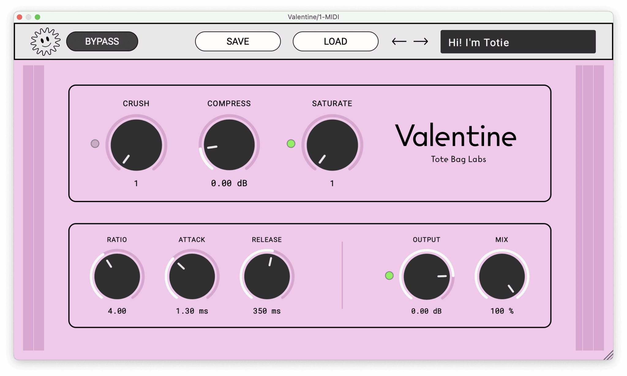Valentine by Tote Bag Labs free compressor and distortion VST3 plugin interface