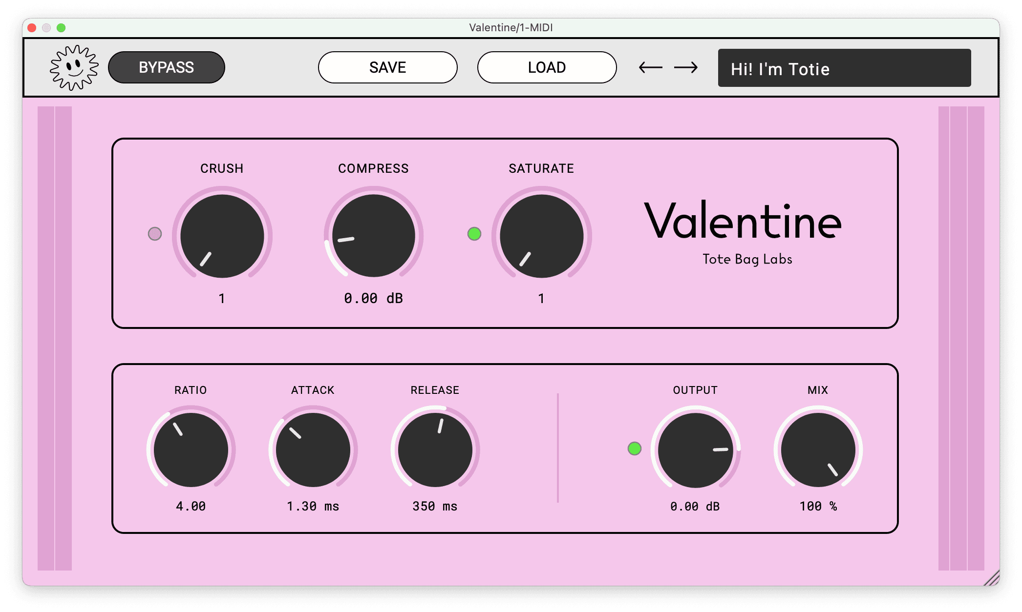 Valentine by Tote Bag Labs free compressor and distortion VST3 plugin interface