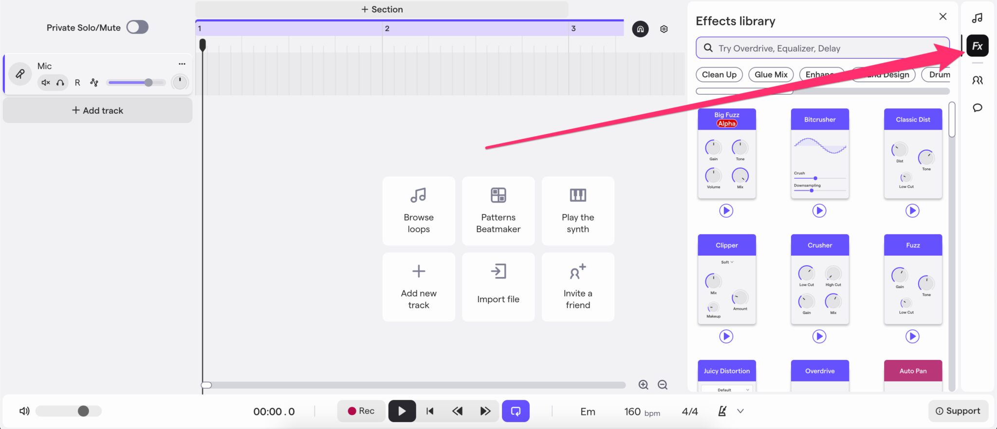Soundtrap free online DAW effects and arrangement interface