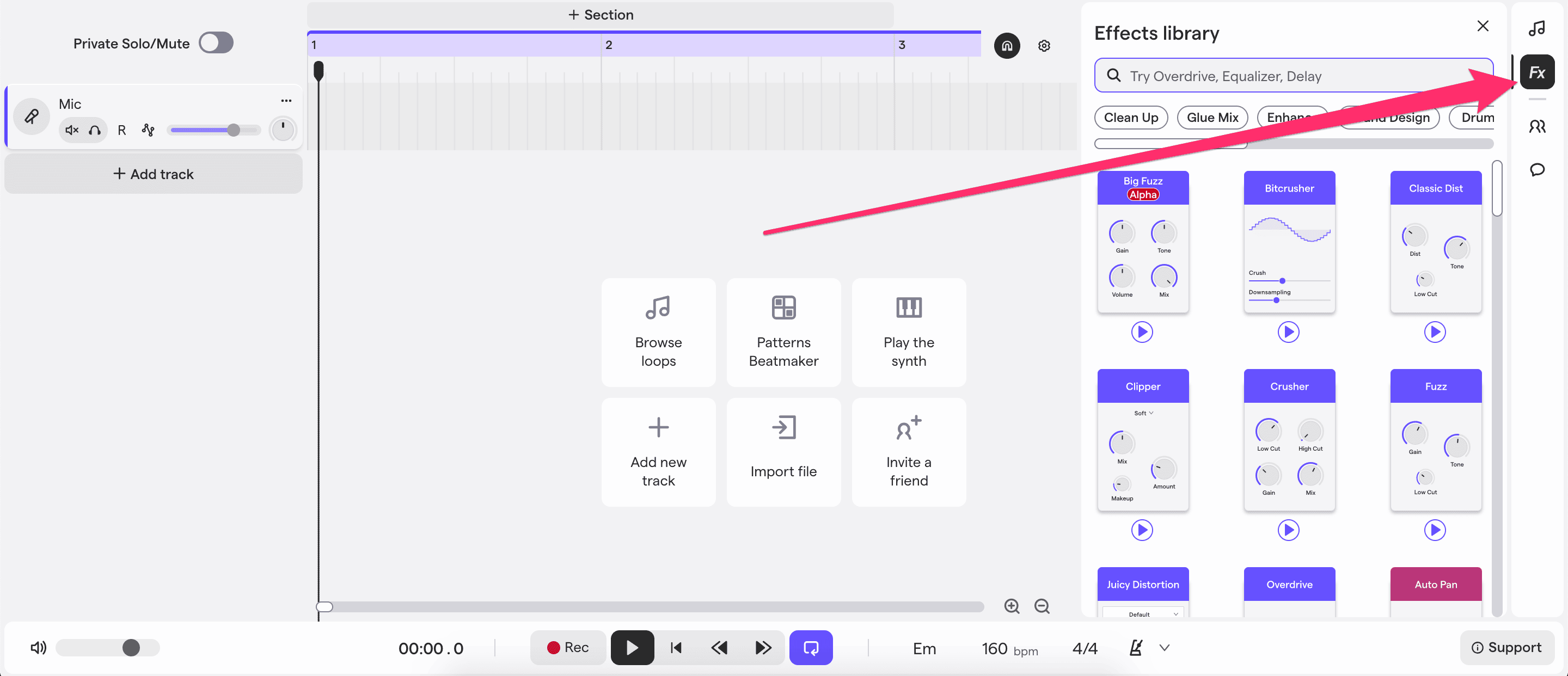 Soundtrap free online DAW effects and arrangement interface