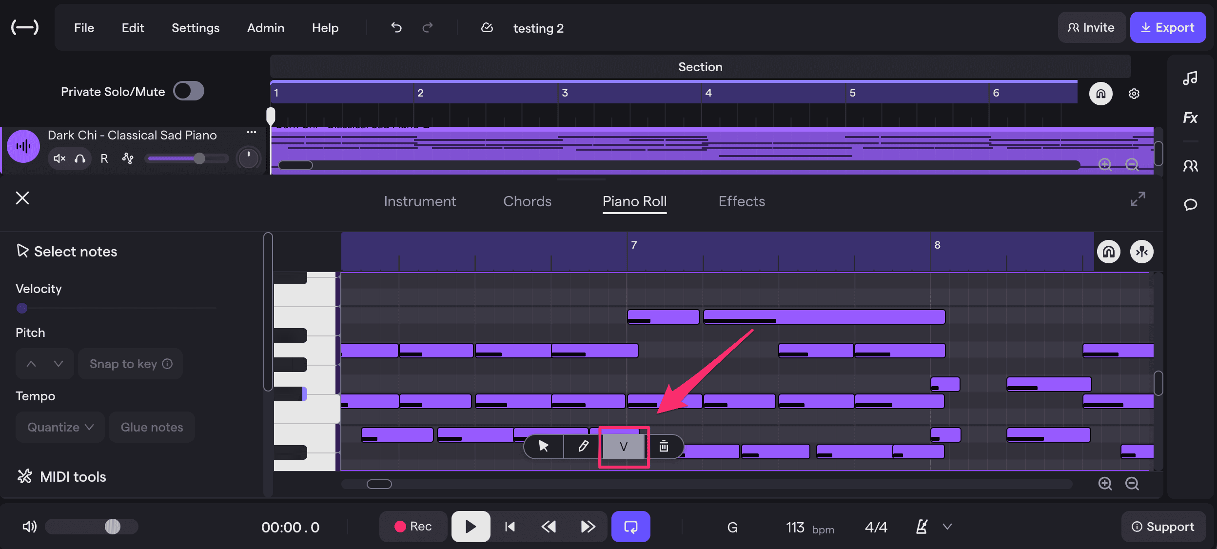 Soundtrap Piano Roll MIDI editing interface