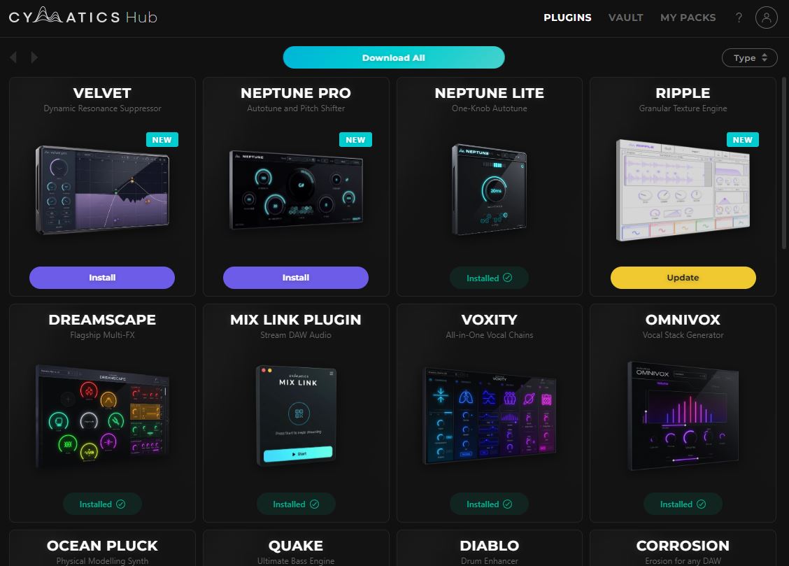 Cymatics Hub plugins view on the official Cymatics app