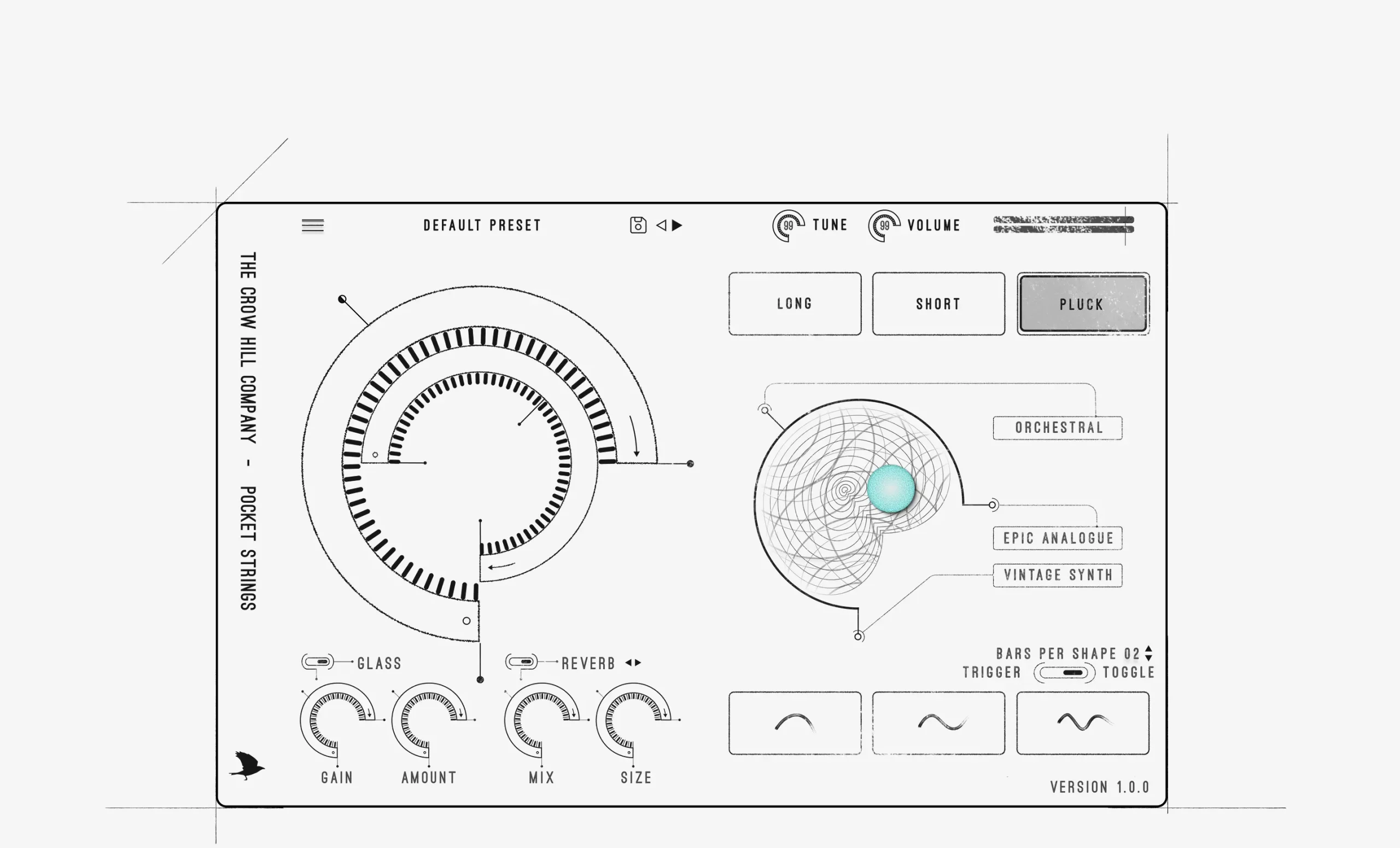 Pocket Strings interface with long short and pluck articulations and vintage synth layers