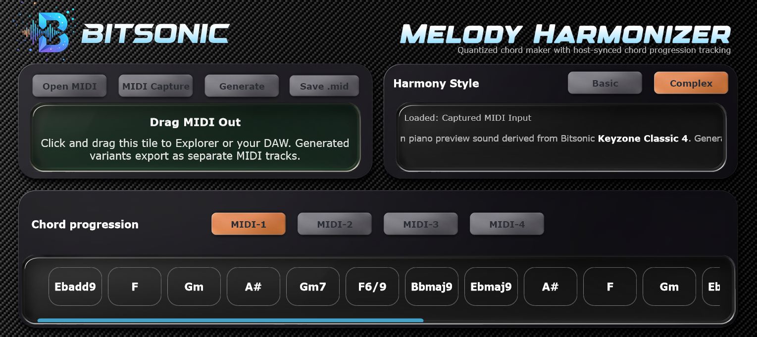 Bitsonic Melody Harmonizer free MIDI chord generator plugin interface
