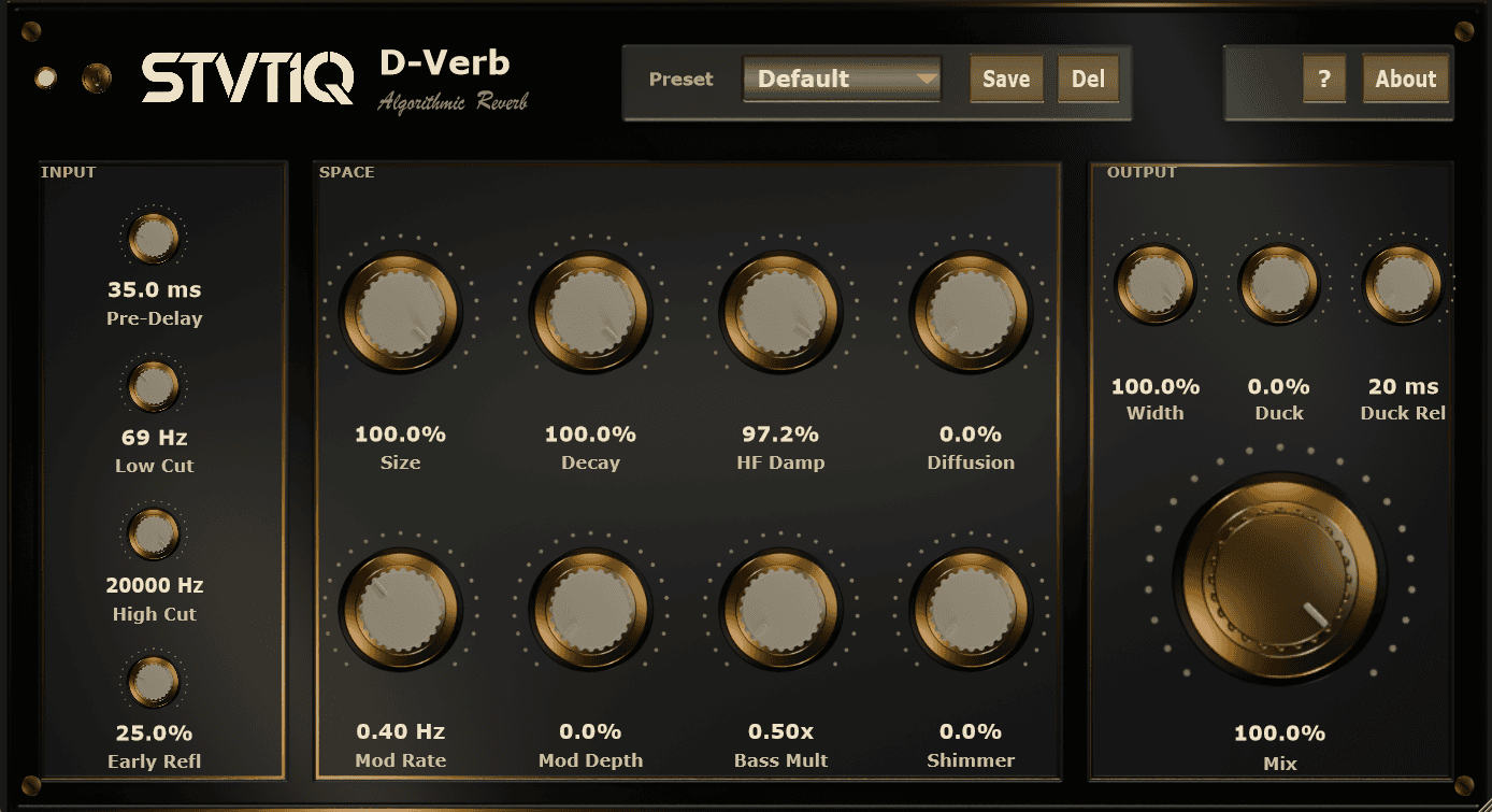 STVTIQ D-Verb interface with input space and output controls