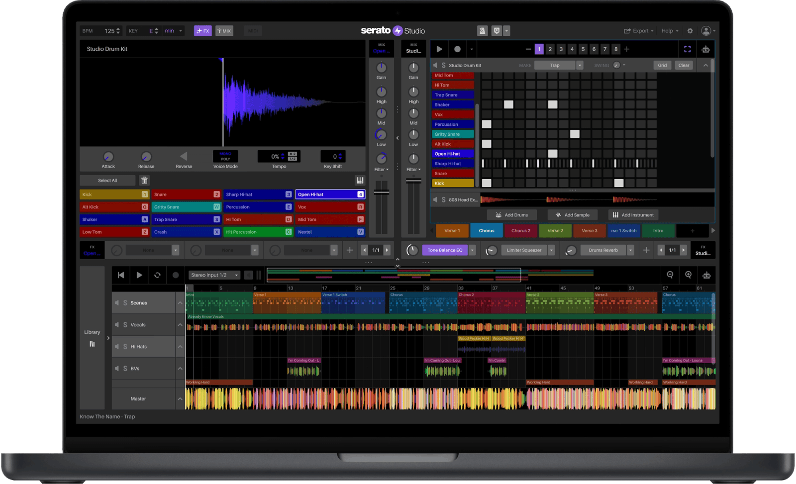 Serato Studio Free beatmaking DAW interface with sampler, drum sequencer and song arrangement
