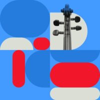 A stringed instrument scroll among colorful shapes