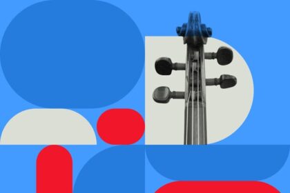 A stringed instrument scroll among colorful shapes