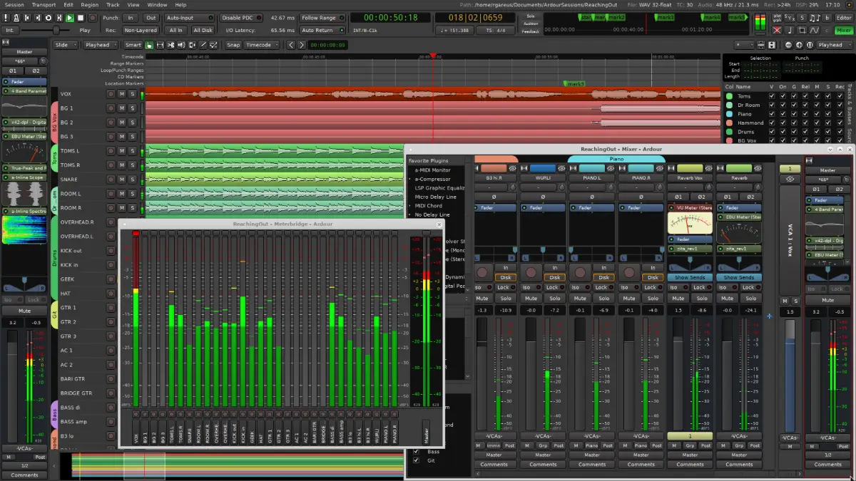 Ardour free open-source DAW mixer and arrangement