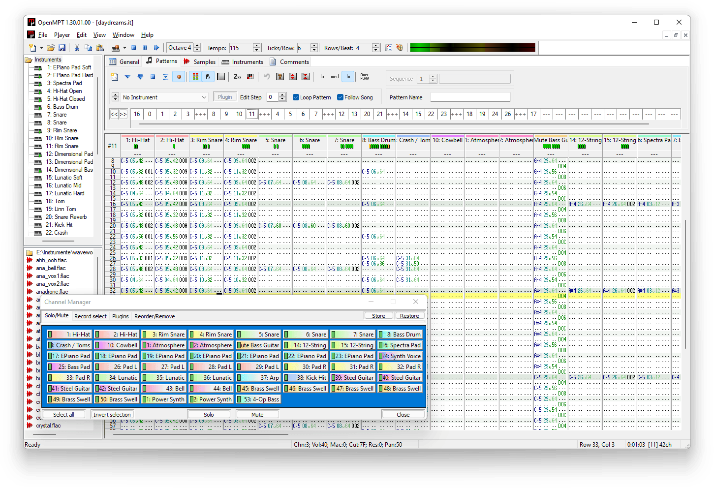 OpenMPT free tracker DAW pattern editor interface