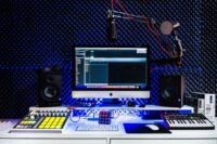Modern music production studio and AI music technology