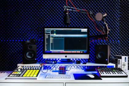 Modern music production studio and AI music technology