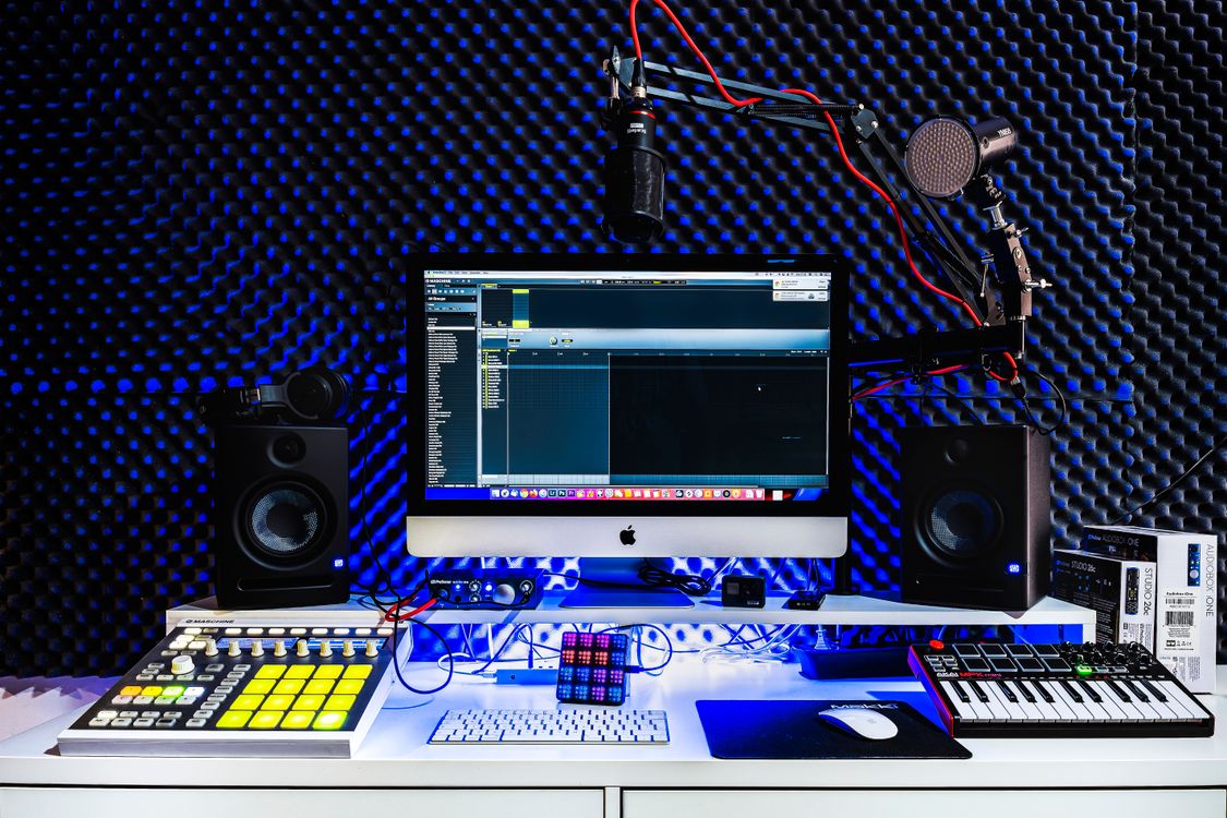 Modern music production studio and AI music technology