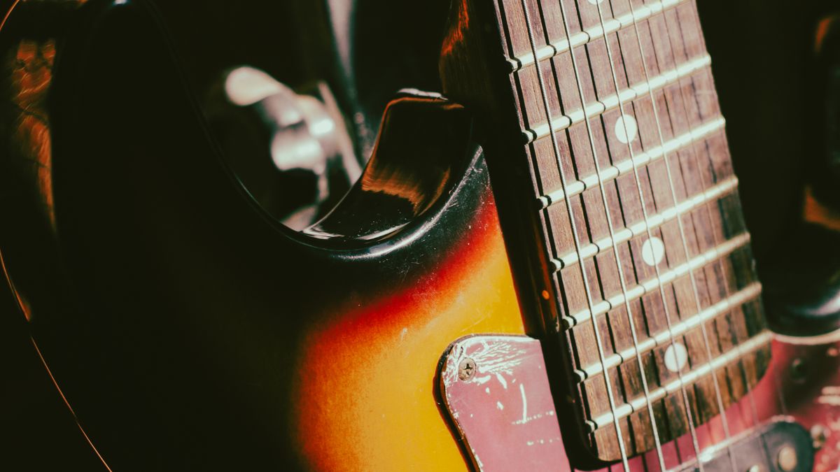 Close-up of electric guitar strings and hardware
