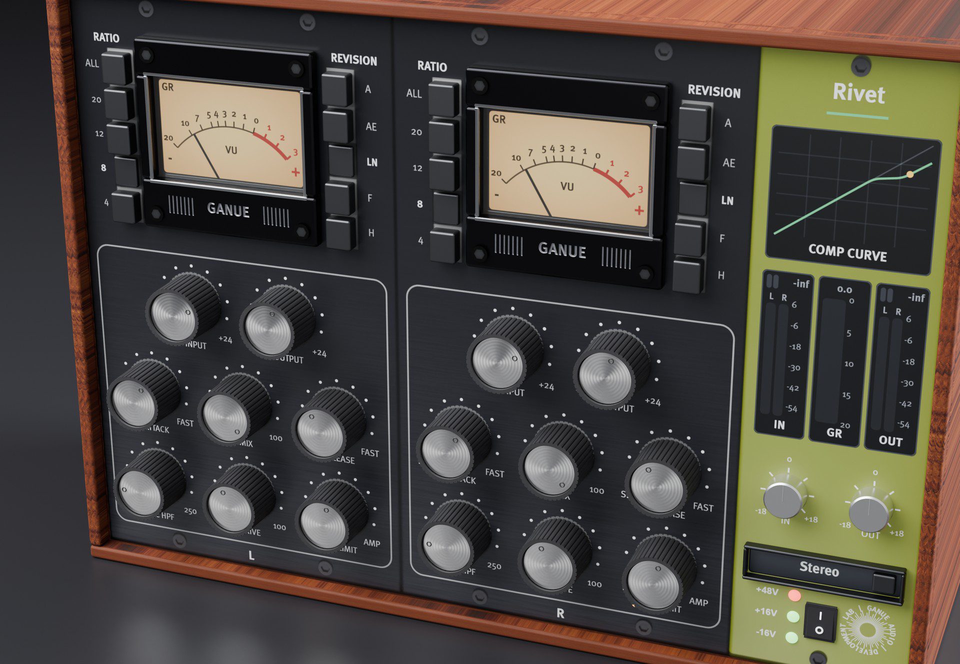GANUE Audio Rivet free compressor rendered as studio hardware