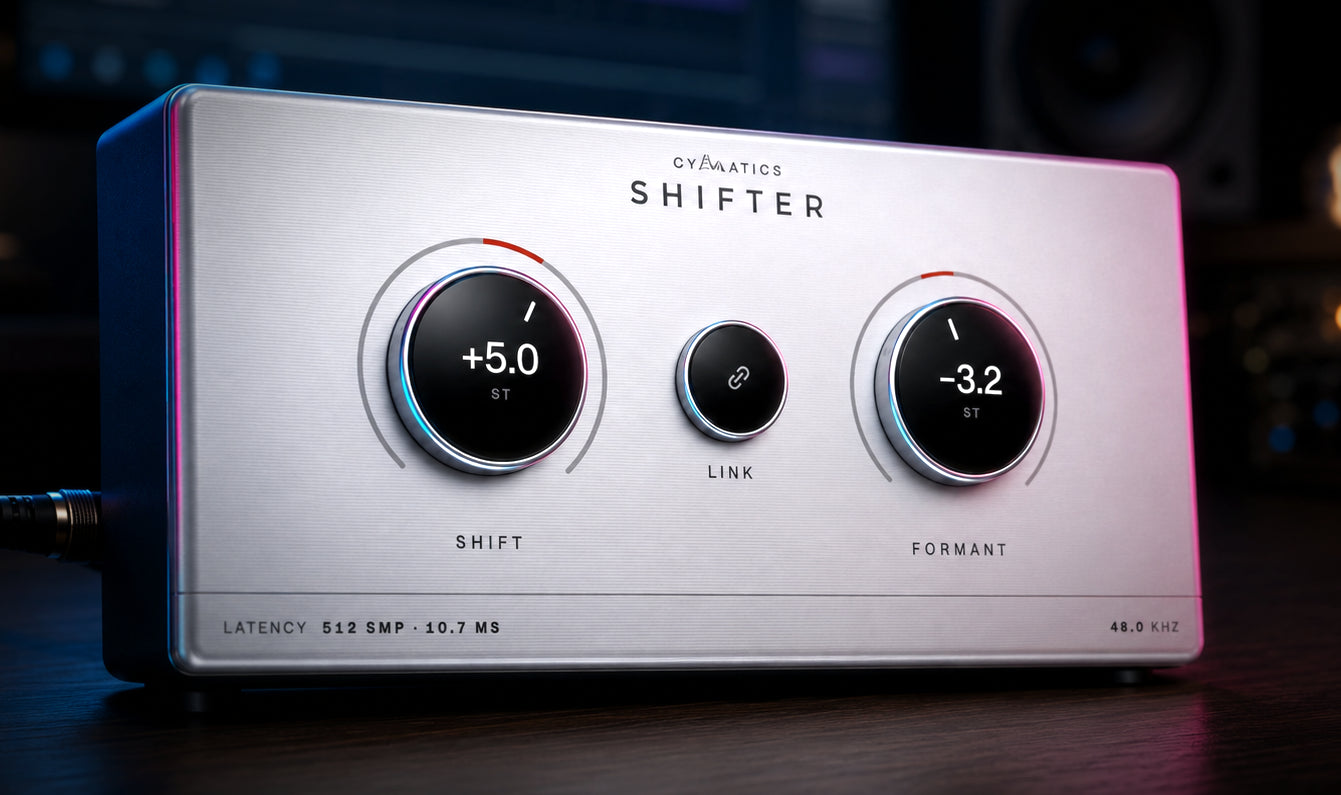 Cymatics SHIFTER plugin interface and real-time pitch formant processing
