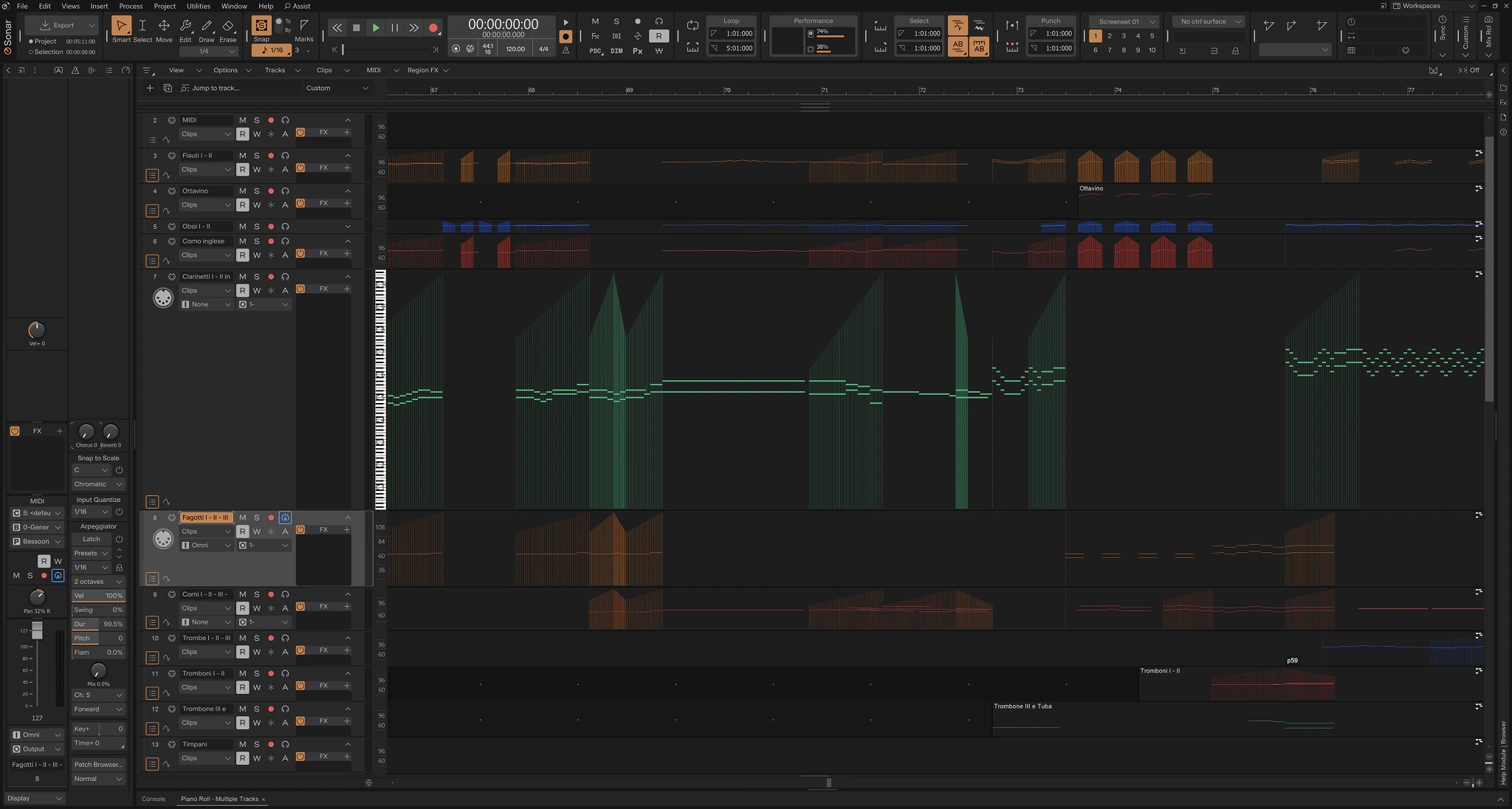 Cakewalk Sonar MIDI sequencing and piano roll interface