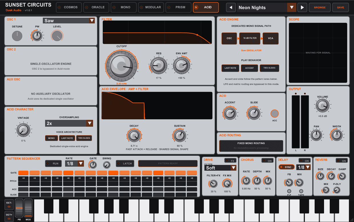 Sunset Circuits free VST synth showing the Acid engine and sixteen-step sequencer