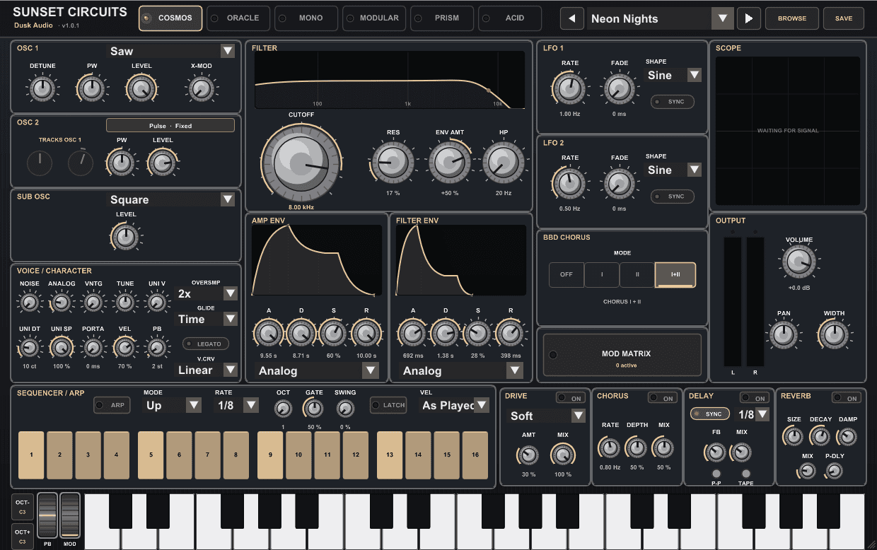 Sunset Circuits free vintage synth plugin by Dusk Audio in Cosmos mode