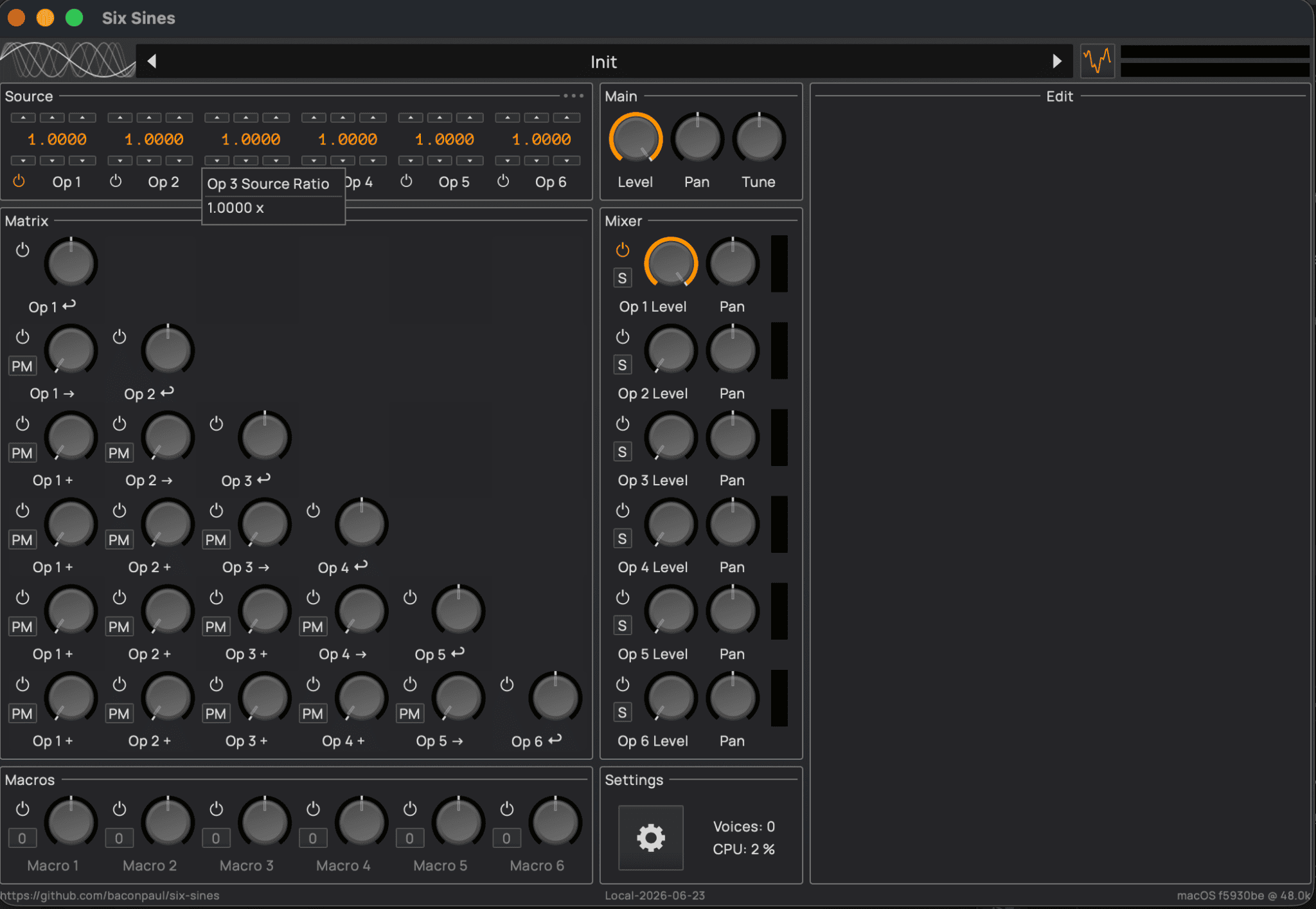 Six Sines free six-operator FM synth plugin interface