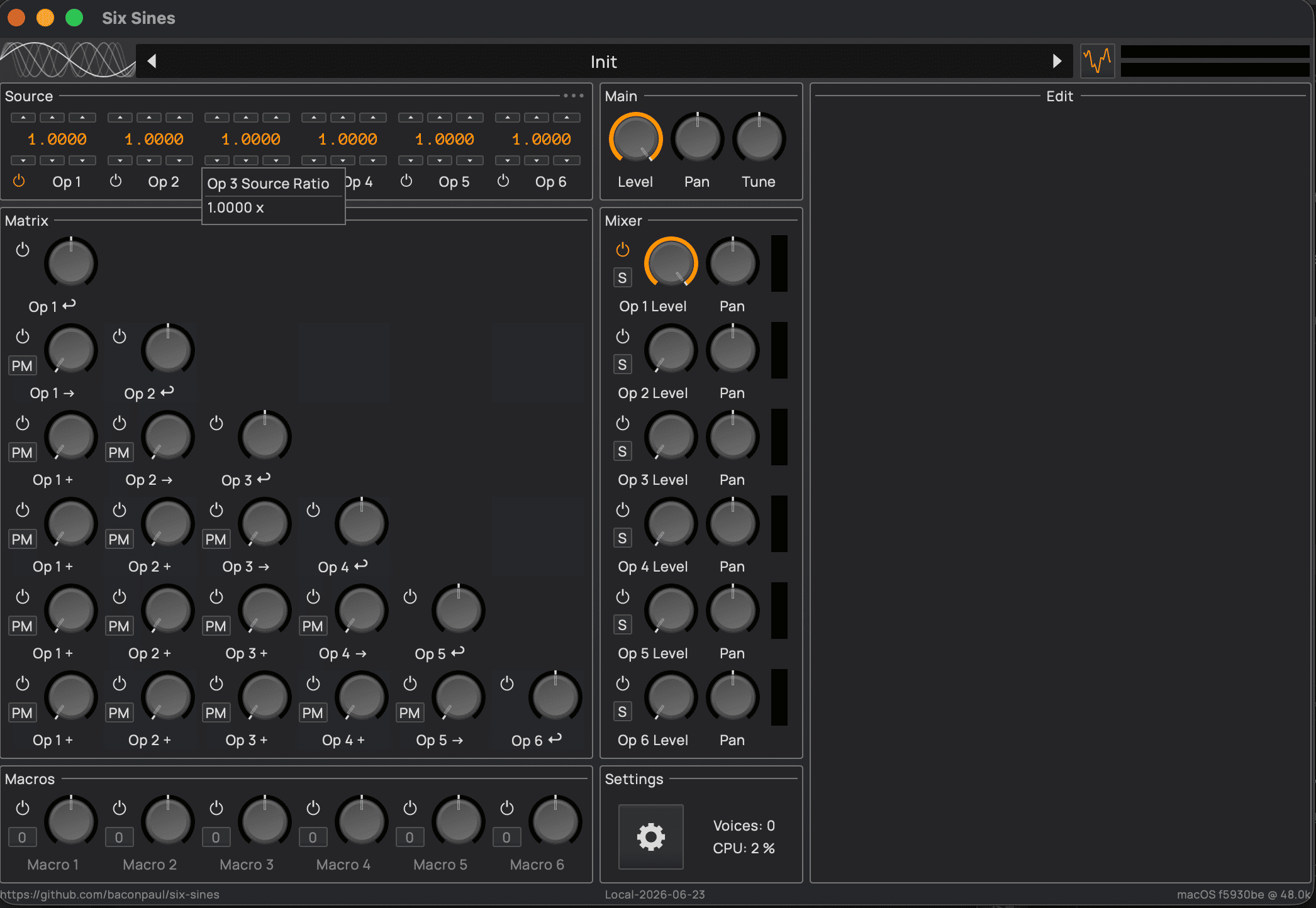 Six Sines free six-operator FM synth plugin interface