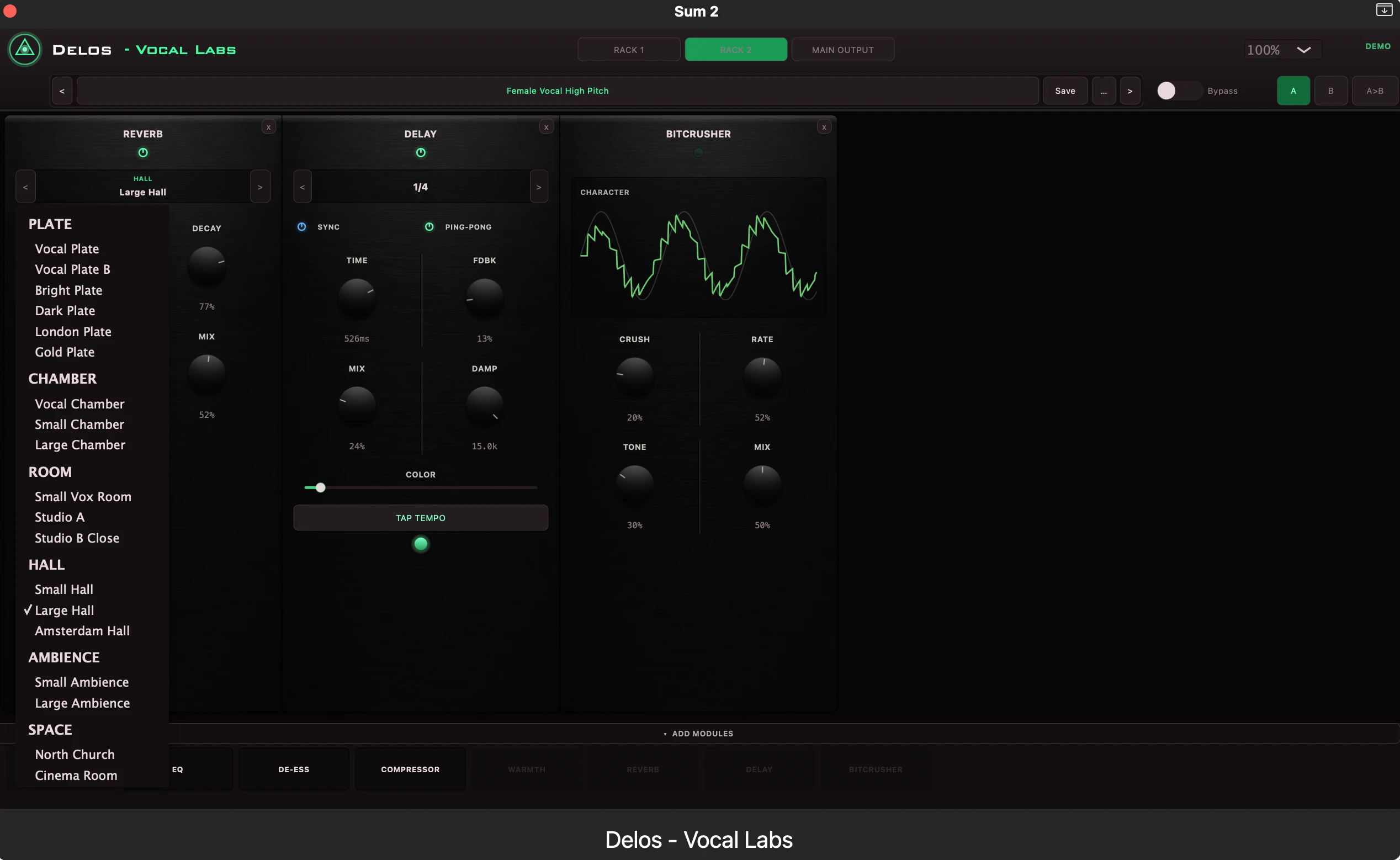 Vocal Labs convolution reverb and delay modules